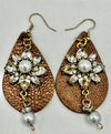 Copper Leather Hypoallergenic Earrings w/ Rhinestone & Pearl Medallion