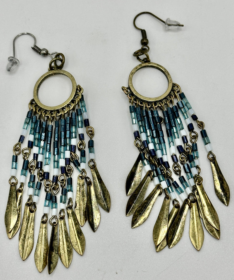 Blue, White & Antique Gold Hand Beaded Dangly Earrings