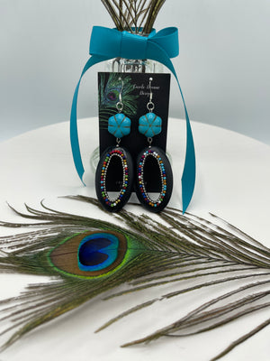 Stunning Black & Turquoise Oval Beaded Dangly Earrings