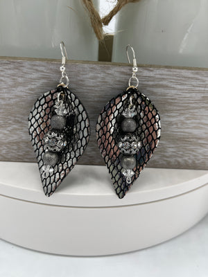 Black & Silver Leather Snake Skin Earrings w/ Silver & Gray Beading