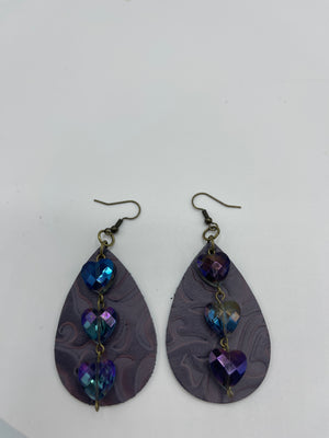 Plum Stamped Leather Earrings w/ Purple Beads