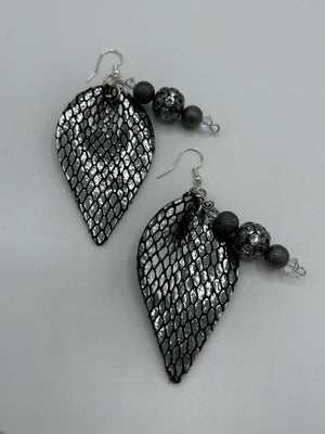 Black & Silver Leather Snake Skin Earrings w/ Silver & Gray Beading