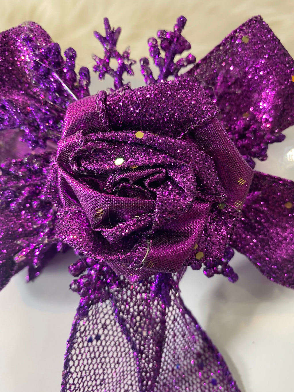 Purple Mesh Bow W/Purple Sparkly Snowflake Topped W/Matching Rosette