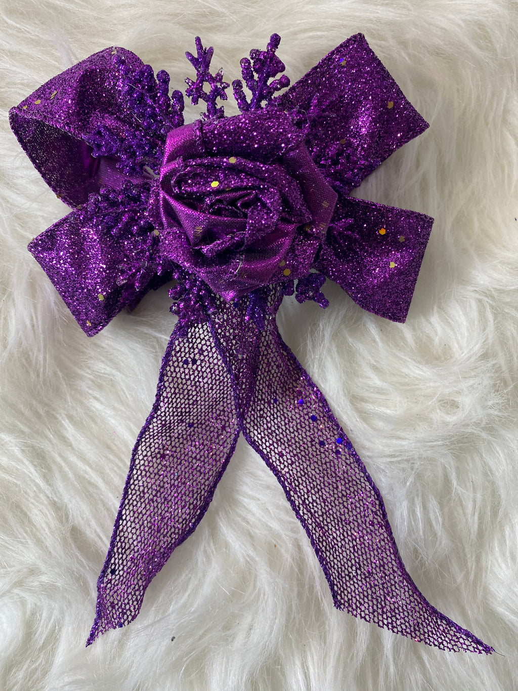 Purple Mesh Bow W/Purple Sparkly Snowflake Topped W/Matching Rosette