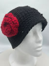 Red & Black Full Size Hand Crocheted Scarf w/ Black Beanie w/ Red Rosette