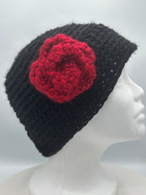 Red & Black Full Size Hand Crocheted Scarf w/ Black Beanie w/ Red Rosette