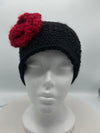 Red & Black Full Size Hand Crocheted Scarf w/ Black Beanie w/ Red Rosette