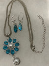 Round Silver Turquoise Rhinestone Pendent & Tear Drop Earrings