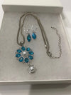 Round Silver Turquoise Rhinestone Pendent & Tear Drop Earrings