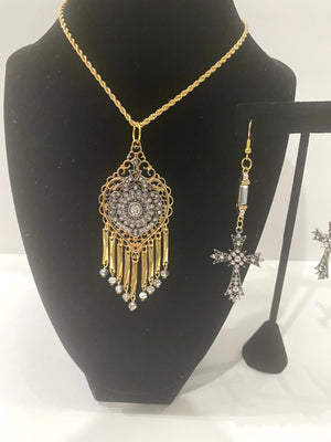 Gold & Silver Boho Rhinestone Dangle Pendent & Matching Cross Earrings