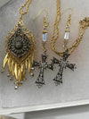 Gold & Silver Boho Rhinestone Dangle Pendent & Matching Cross Earrings