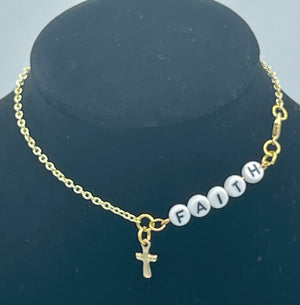 Gold Chain Anklet w/Cross & Beaded "FAITH."