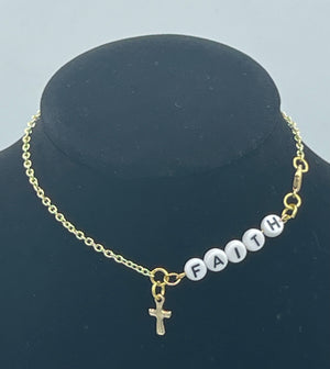 Gold Chain Anklet w/Cross & Beaded "FAITH."