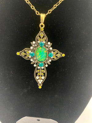 Antique Gold Cross Pendent w/Teal & Orange Metallic Stones w/Matching Earrings