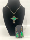 Antique Gold Cross Pendent w/Teal & Orange Metallic Stones w/Matching Earrings