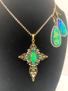 Antique Gold Cross Pendent w/Teal & Orange Metallic Stones w/Matching Earrings