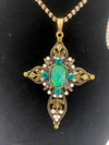 Antique Gold Cross Pendent w/Teal & Orange Metallic Stones w/Matching Earrings