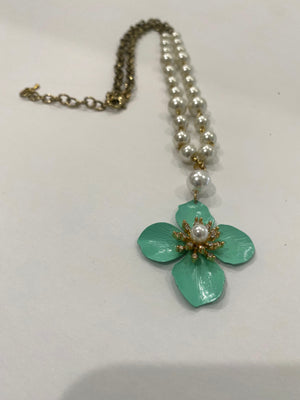 Mint Green & Pearl Floral Necklace w/ Matching Mint Green & Pearl Earrings (Clearance)