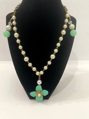 Mint Green & Pearl Floral Necklace w/ Matching Mint Green & Pearl Earrings (Clearance)