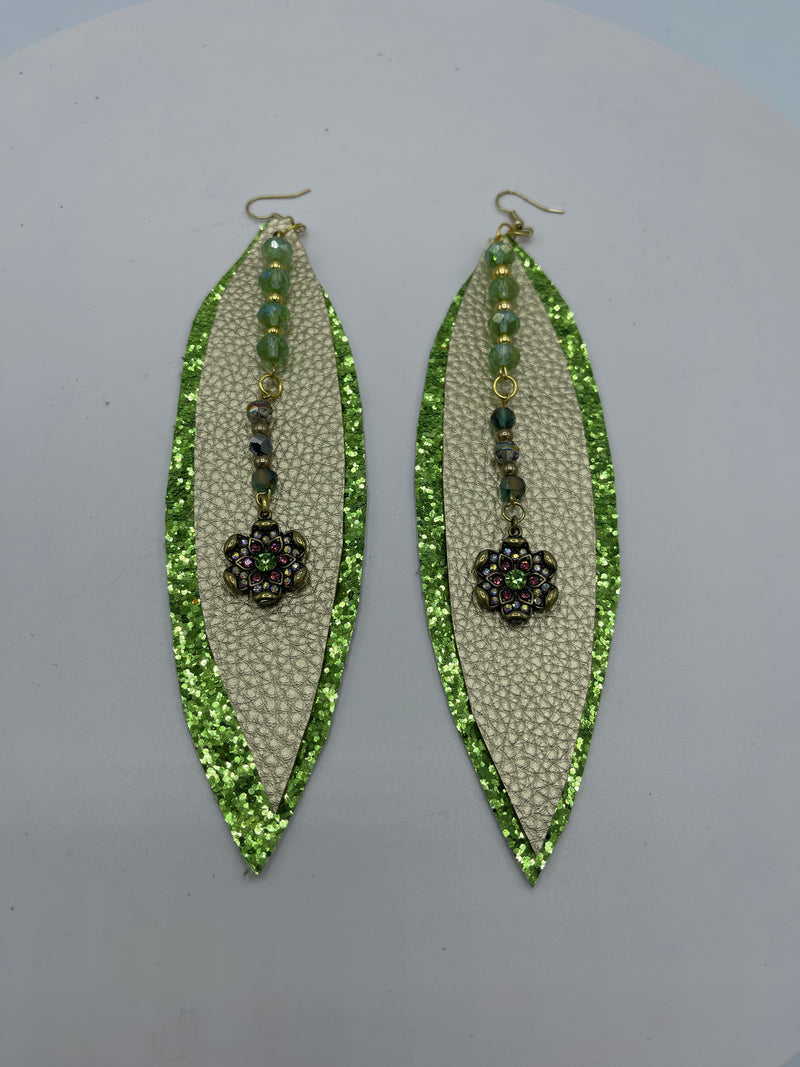 Gold & Green Sparkle Leather Earrings w/ Jeweled Embellishments