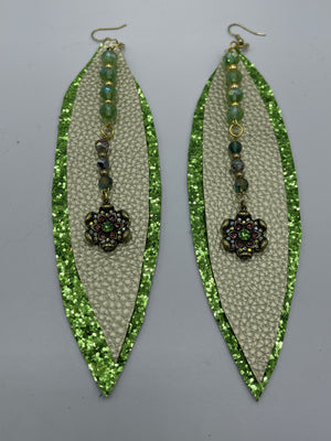 Gold & Green Sparkle Leather Earrings w/ Jeweled Embellishments