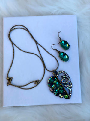 Antique Gold Green Leaf Pendent w/ Green Rhinestone Earrings