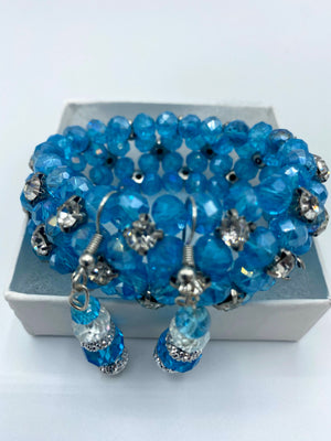 Turquoise Beaded Rhinestone Bracelet w/ Matching Earrings