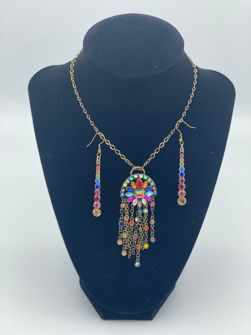 Multi-Colored Rhinestone Pendent & Earrings