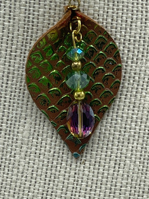 Gold & Teal Metallic Leather Earrings w/Green & Metallic Purple Beads
