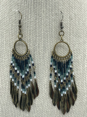 Blue, White & Antique Gold Hand Beaded Dangly Earrings