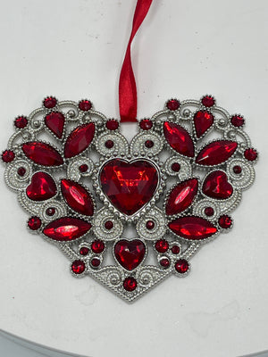 Crystal Expressions Silver Heart w/ Red Rhinestones Ornament