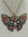 Beaded Butterfly Medallion Pendent Necklace on Gold Chain w/ Matching Beaded Earrings