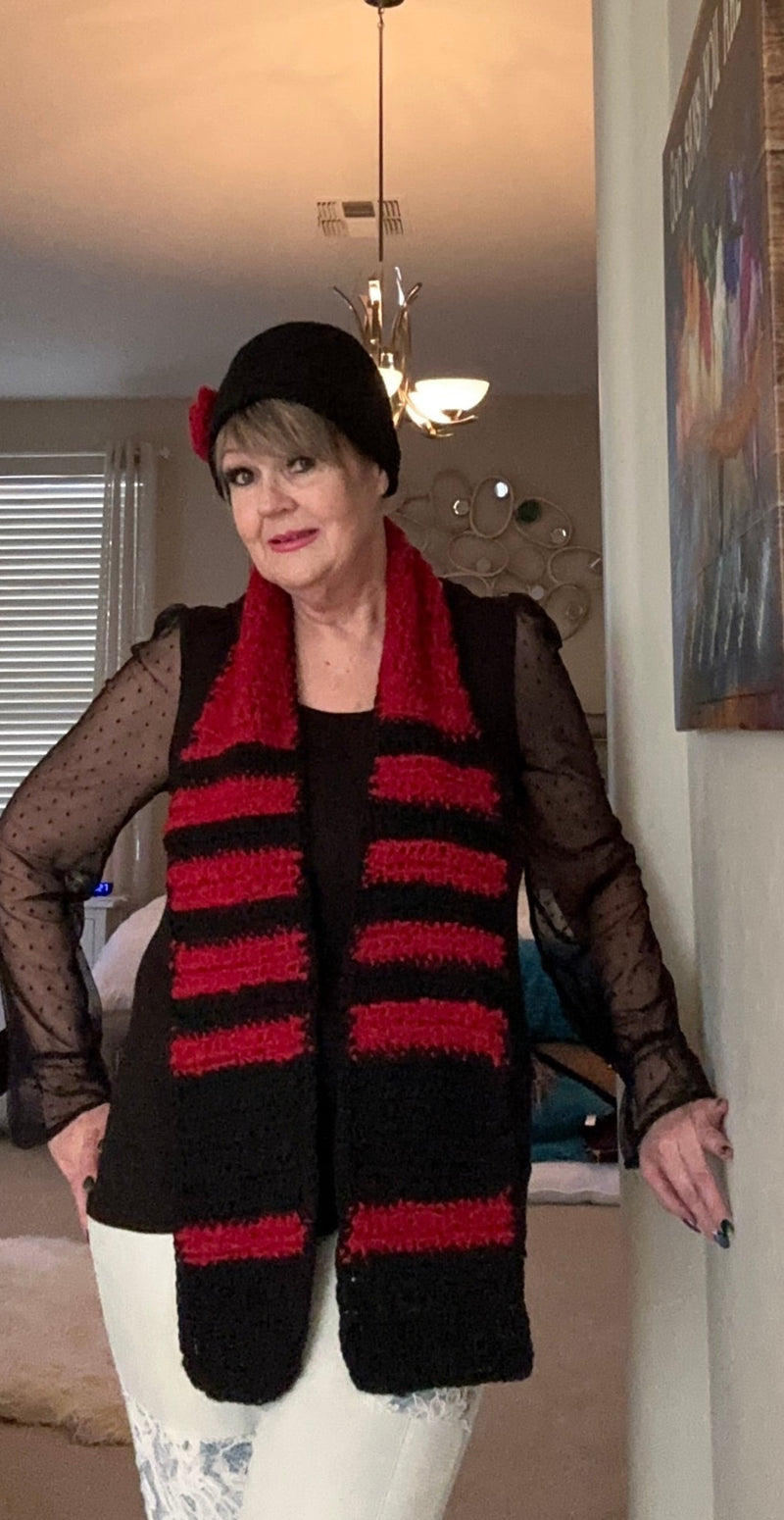 Red & Black Full Size Hand Crocheted Scarf w/ Black Beanie w/ Red Rosette