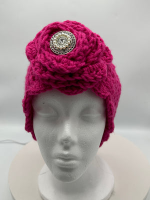 Hot Pink Scalloped Beanie w/ Rhinestone Embellished Rosette