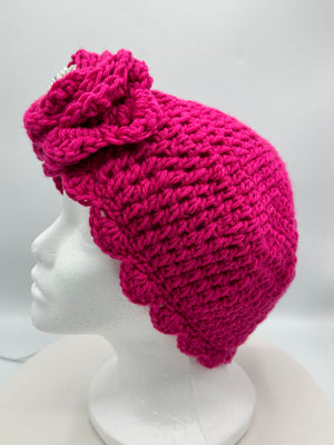 Hot Pink Scalloped Beanie w/ Rhinestone Embellished Rosette