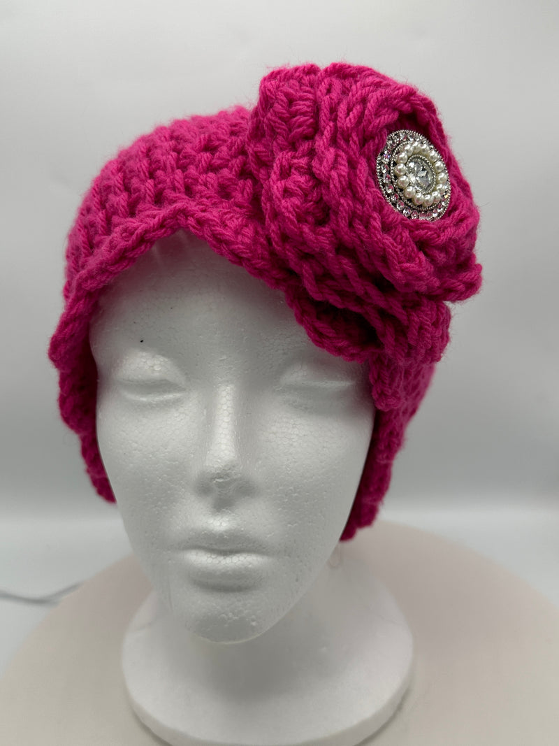 Hot Pink Scalloped Beanie w/ Rhinestone Embellished Rosette