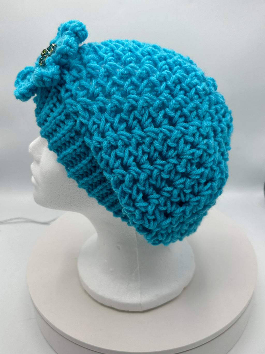 Turquoise Beanie w/ Rosette w/ Turquoise & Green Jeweled Embellishment