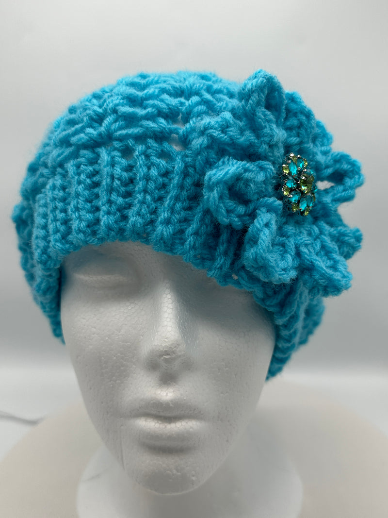 Turquoise Beanie w/ Rosette w/ Turquoise & Green Jeweled Embellishment