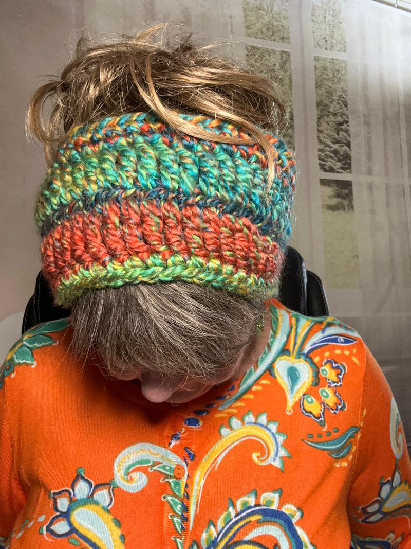 Multi-Colored Hand Crocheted Teal, Orange & Lime Green Adjustable Headband