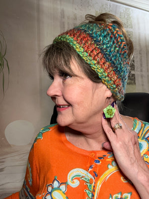 Multi-Colored Hand Crocheted Teal, Orange & Lime Green Adjustable Headband