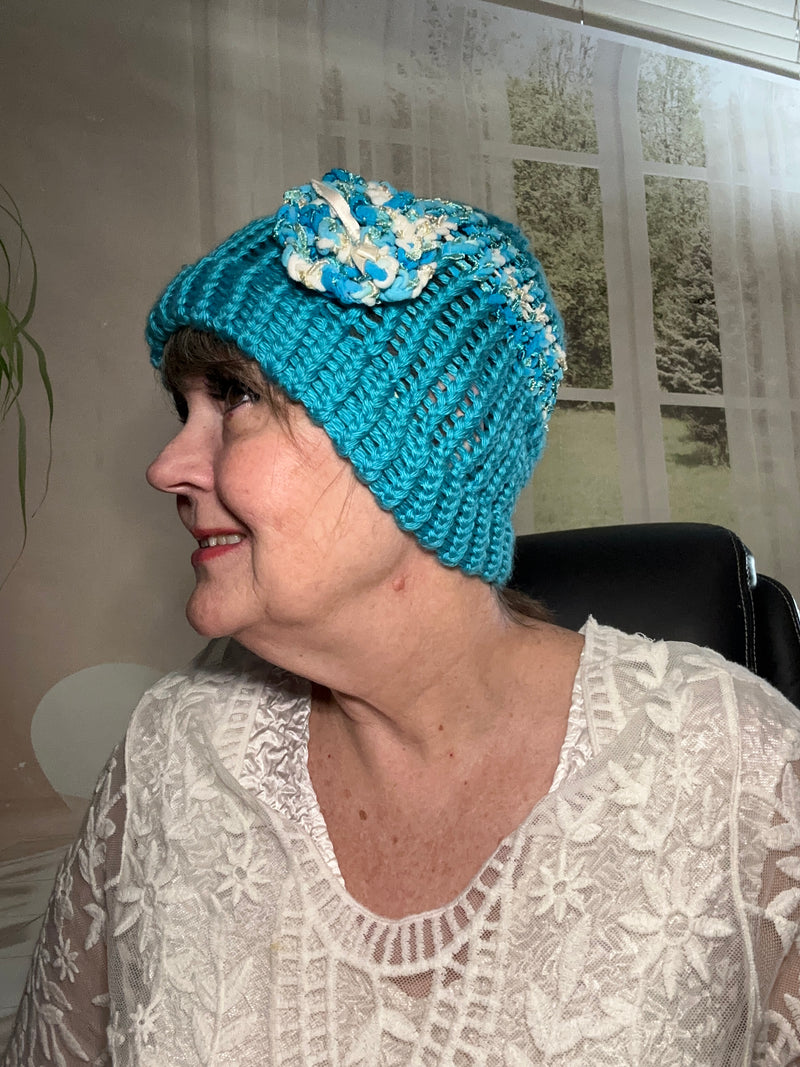 Turquoise & Ribbon Yarn Hand Crocheted Beanie w/ Ribbon Yarn Rosette