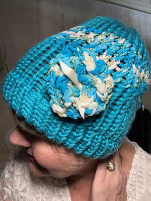 Turquoise & Ribbon Yarn Hand Crocheted Beanie w/ Ribbon Yarn Rosette