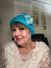 Turquoise & Ribbon Yarn Hand Crocheted Beanie w/ Ribbon Yarn Rosette