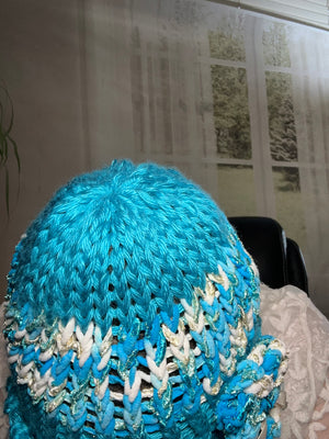 Turquoise & Ribbon Yarn Hand Crocheted Beanie w/ Ribbon Yarn Rosette