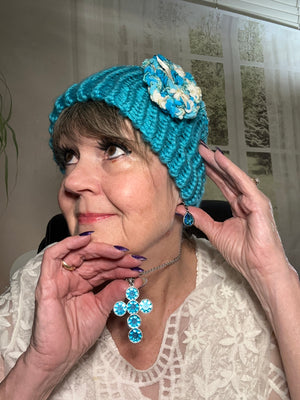 Turquoise & Ribbon Yarn Hand Crocheted Beanie w/ Ribbon Yarn Rosette