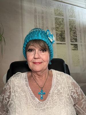 Turquoise & Ribbon Yarn Hand Crocheted Beanie w/ Ribbon Yarn Rosette