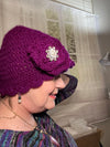 Purple Hand Crocheted Scalloped Beanie w/ Rosette & Bling