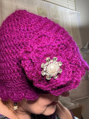 Purple Hand Crocheted Scalloped Beanie w/ Rosette & Bling