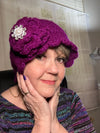 Purple Hand Crocheted Scalloped Beanie w/ Rosette & Bling