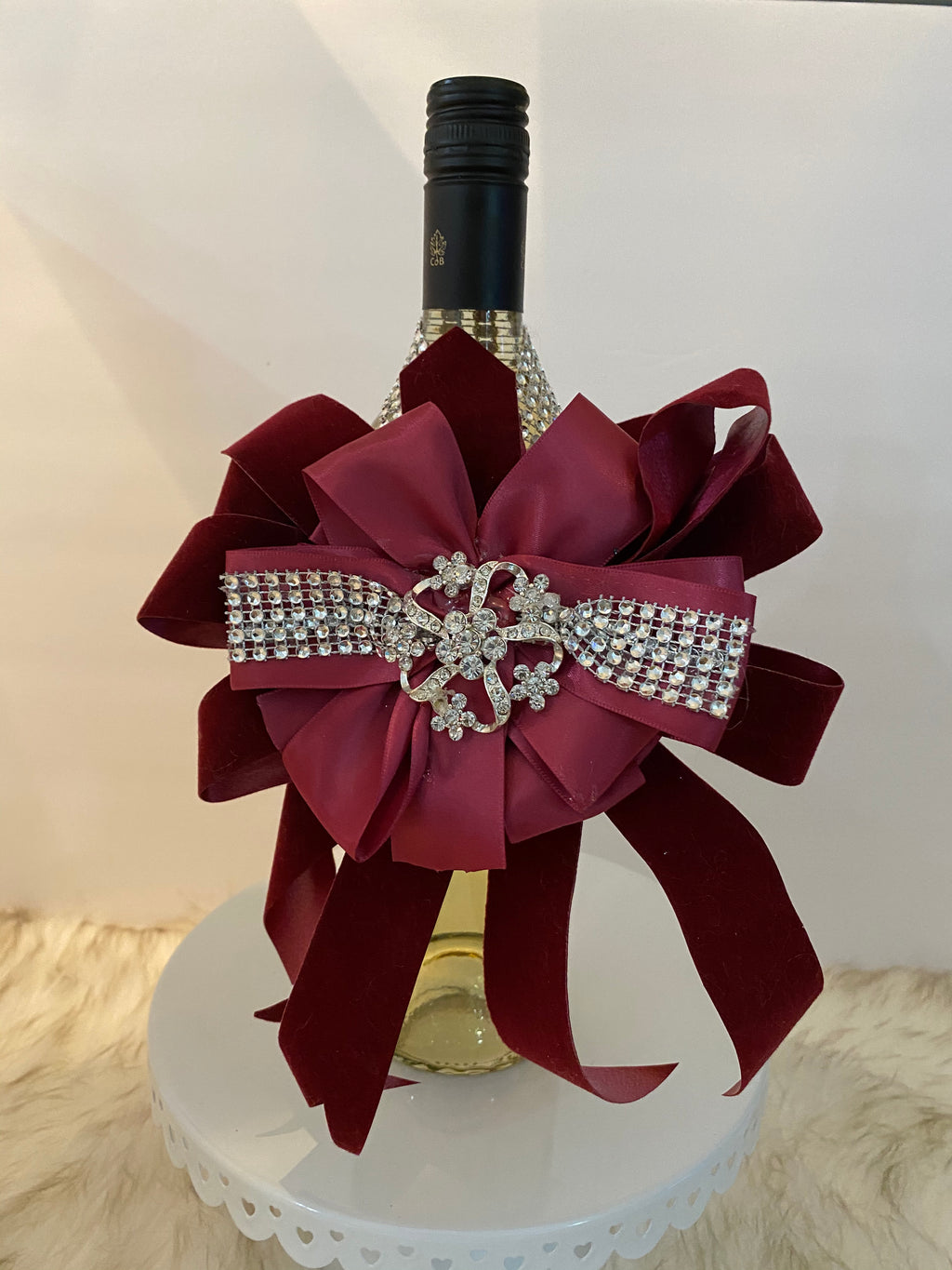 Maroon Velvet & Silk Ribbon Bow W/Large Silver Embellishment & Silver Rhinestones